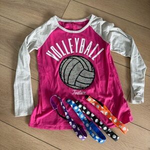 Justice Active pink volleyball girls shirt 12 flip sequin & 4 headbands sports